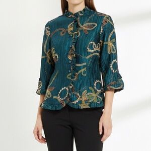 Agora Teal‎ Blouse with Lace and Embroidery Floral Accents Women’s Size Medium